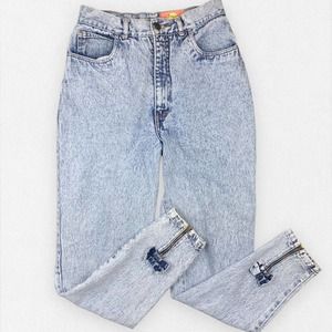 Vintage High Rise 80's 90's Mom Jeans Acid Wash Zipper Bows Light Denim